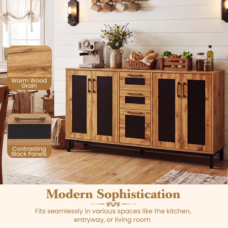 63" Sideboard Buffet Cabinet, 3 Drawers, Storage Shelves, Natural