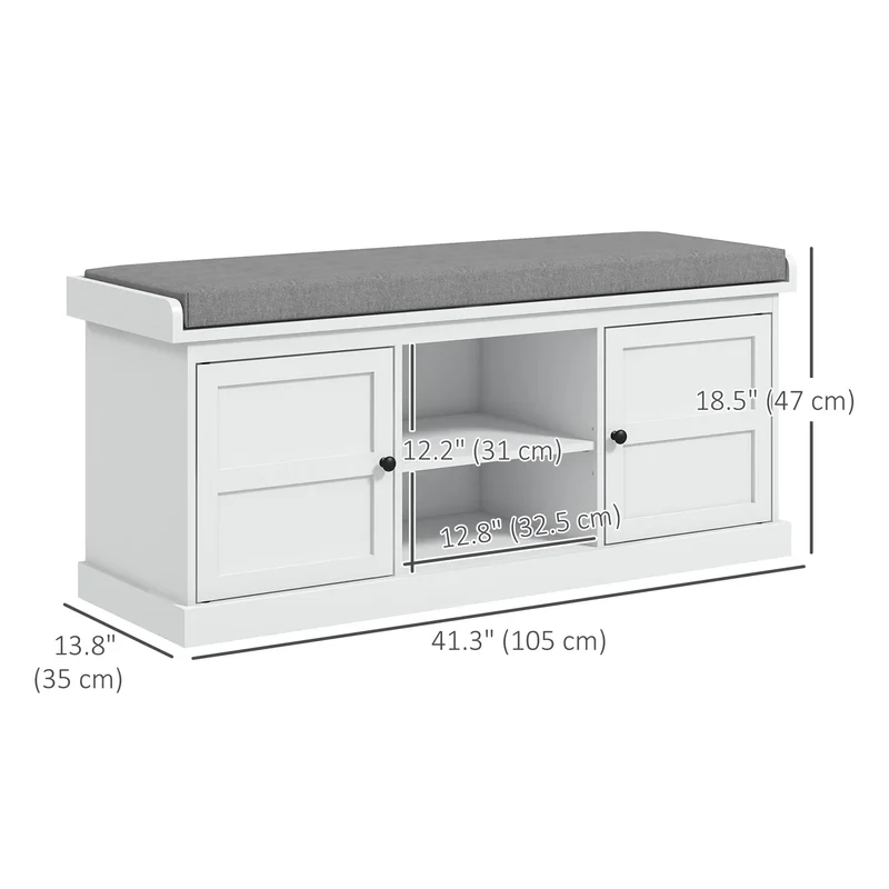 Shoe Storage Bench with Cushioned Seat, 2 Cabinets, Adjustable Shelf, White