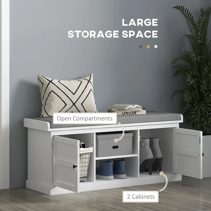 Shoe Storage Bench with Cushioned Seat, 2 Cabinets, Adjustable Shelf, White