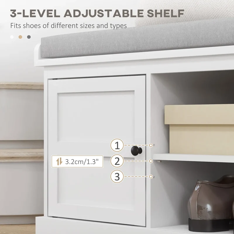 Shoe Storage Bench with Cushioned Seat, 2 Cabinets, Adjustable Shelf, White
