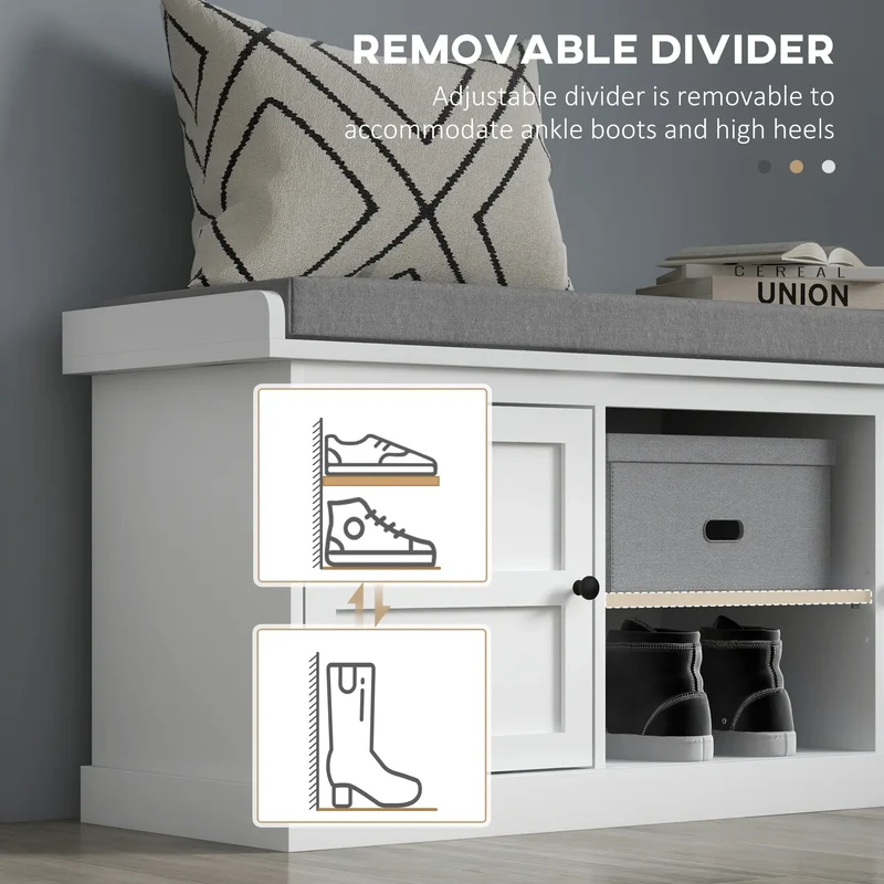 Shoe Storage Bench with Cushioned Seat, 2 Cabinets, Adjustable Shelf, White
