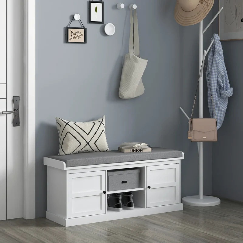 Shoe Storage Bench with Cushioned Seat, 2 Cabinets, Adjustable Shelf, White