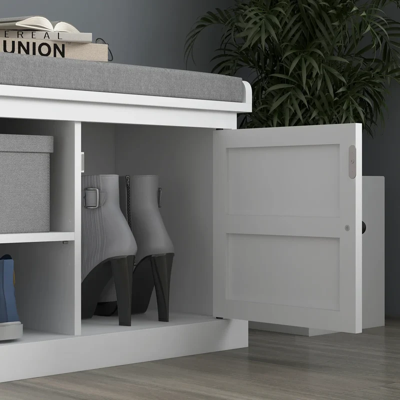 Shoe Storage Bench with Cushioned Seat, 2 Cabinets, Adjustable Shelf, White