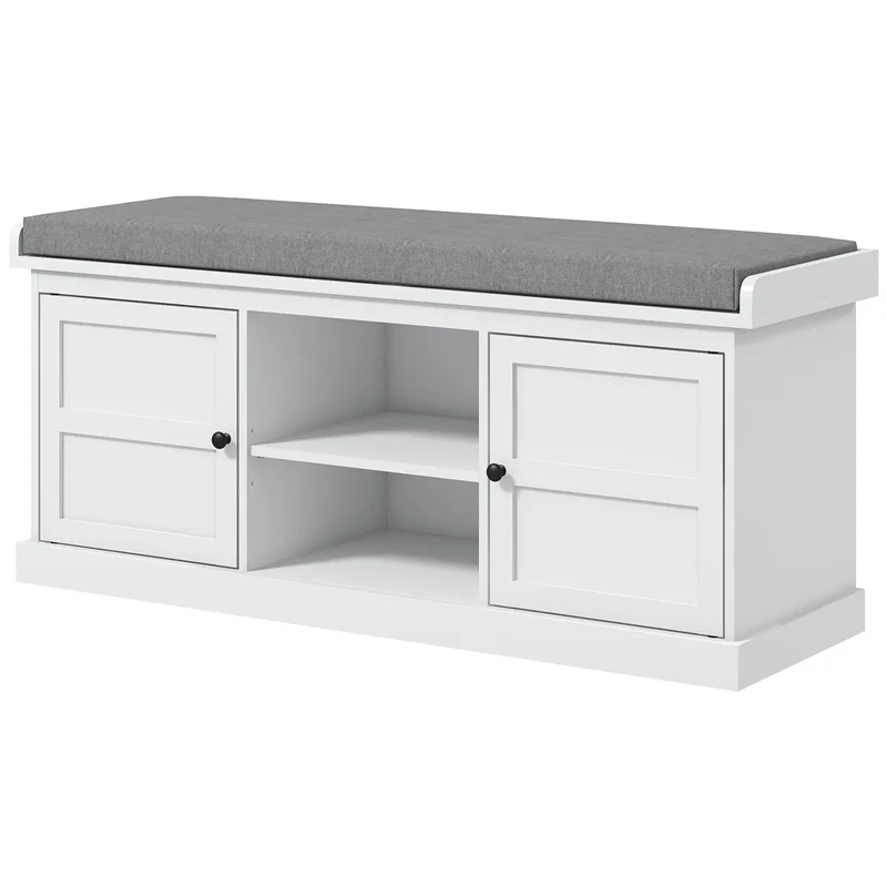 Shoe Storage Bench with Cushioned Seat, 2 Cabinets, Adjustable Shelf, White