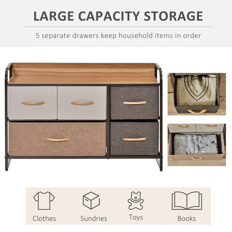 5-Bin Dresser Storage Tower, Fabric Bins with Metal Frame