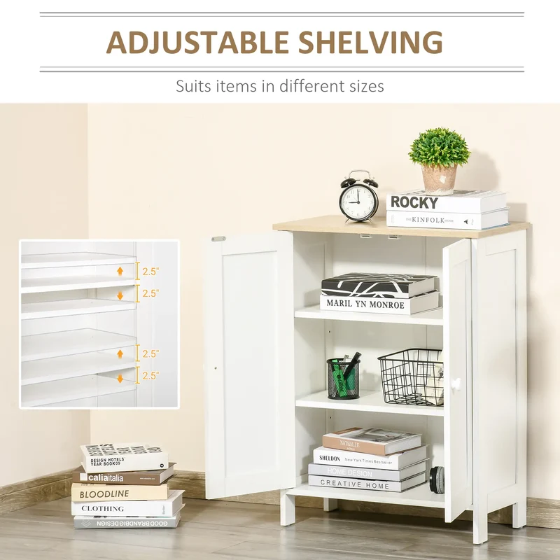 Storage Cabinet with Doors, 2 Adjustable Shelves, Living Room, Bathroom