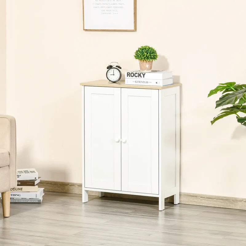 Storage Cabinet with Doors, 2 Adjustable Shelves, Living Room, Bathroom
