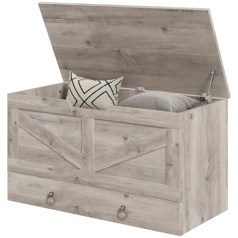 31.5 Inches Storage Chest, Wooden Box, Grey Wood Grain, Grey