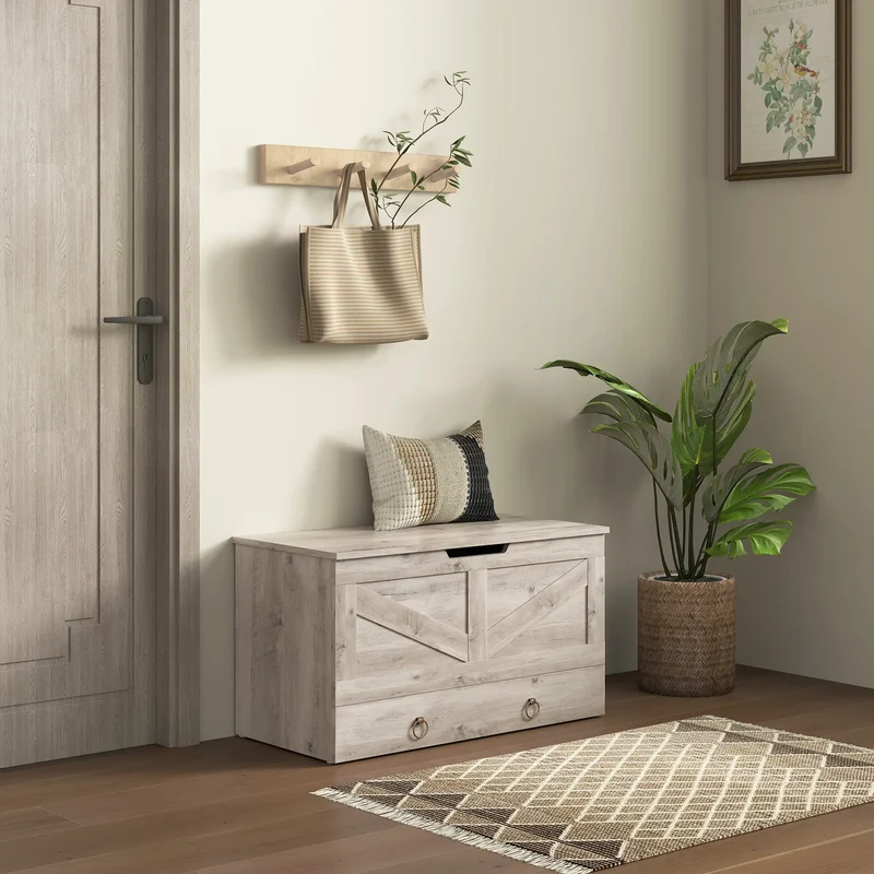 31.5 Inches Storage Chest, Wooden Box, Grey Wood Grain, Grey