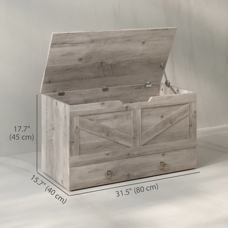 31.5 Inches Storage Chest, Wooden Box, Grey Wood Grain, Grey