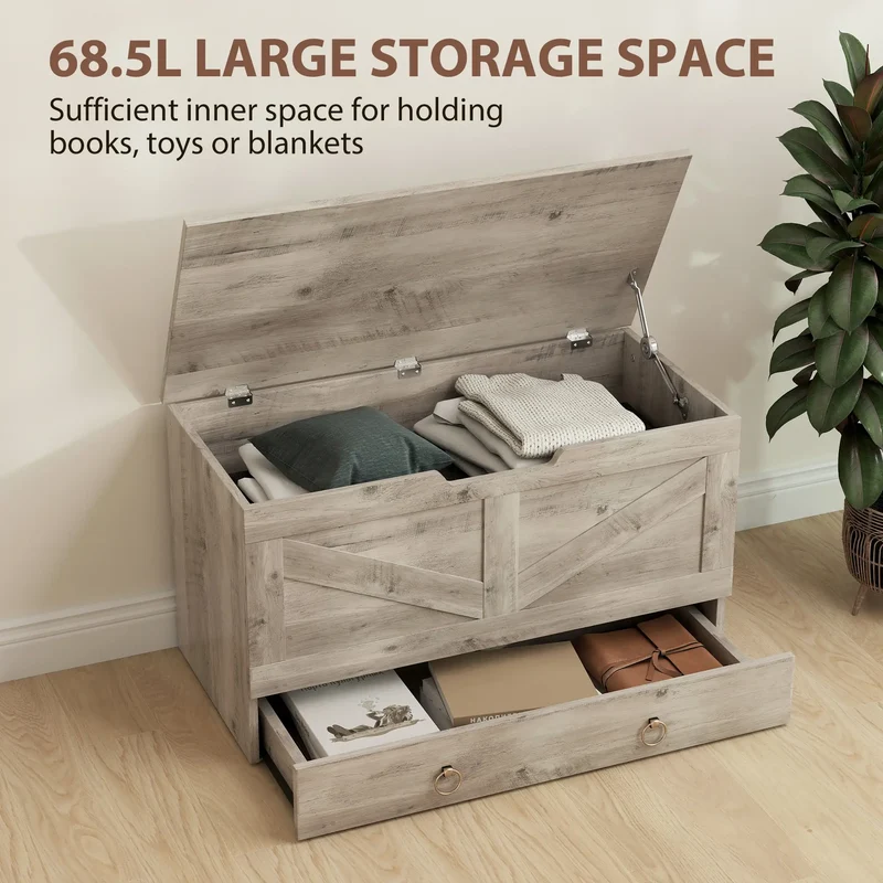 31.5 Inches Storage Chest, Wooden Box, Grey Wood Grain, Grey