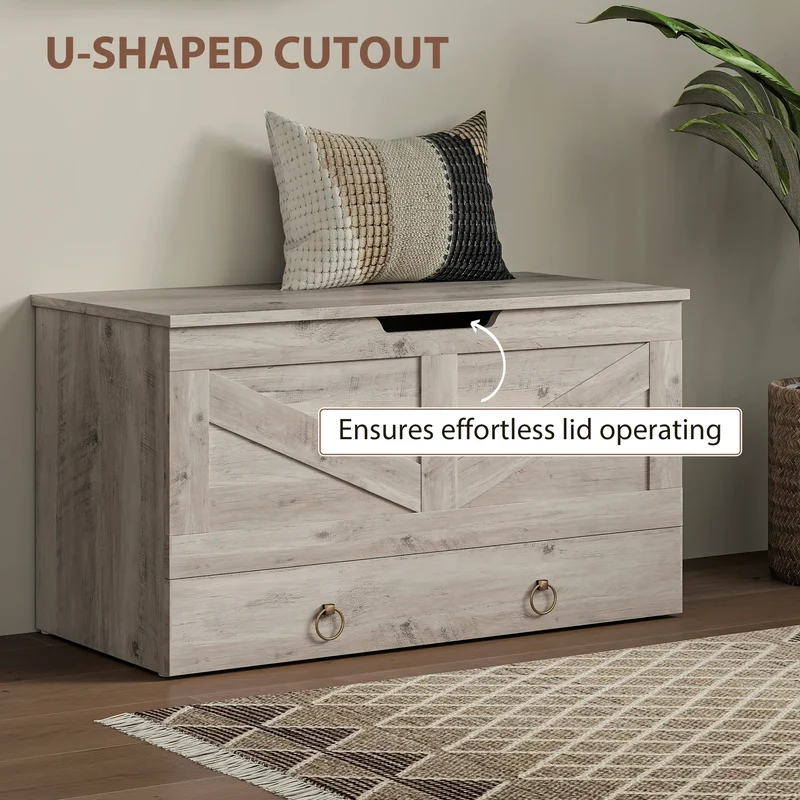 31.5 Inches Storage Chest, Wooden Box, Grey Wood Grain, Grey
