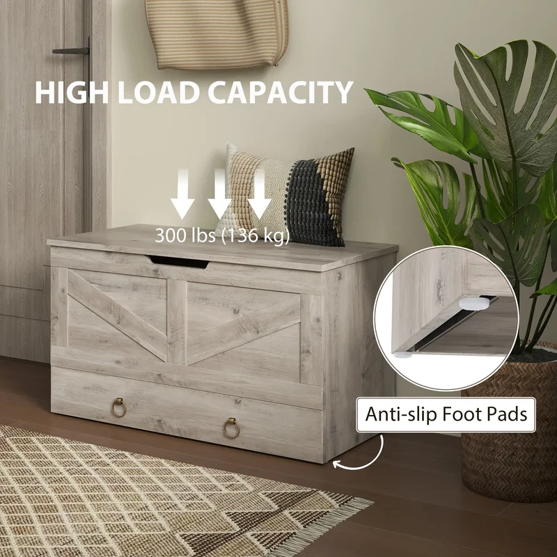 31.5 Inches Storage Chest, Wooden Box, Grey Wood Grain, Grey