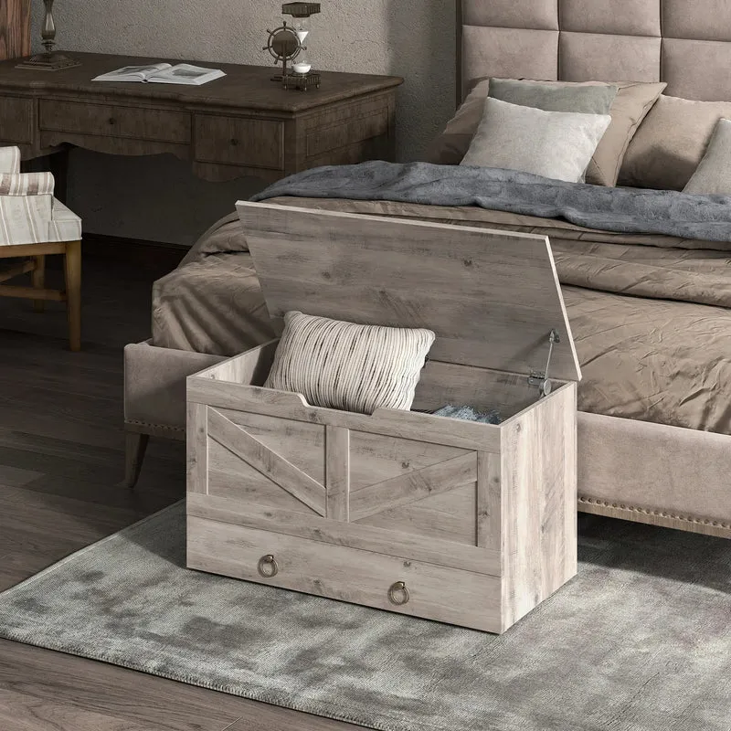 31.5 Inches Storage Chest, Wooden Box, Grey Wood Grain, Grey