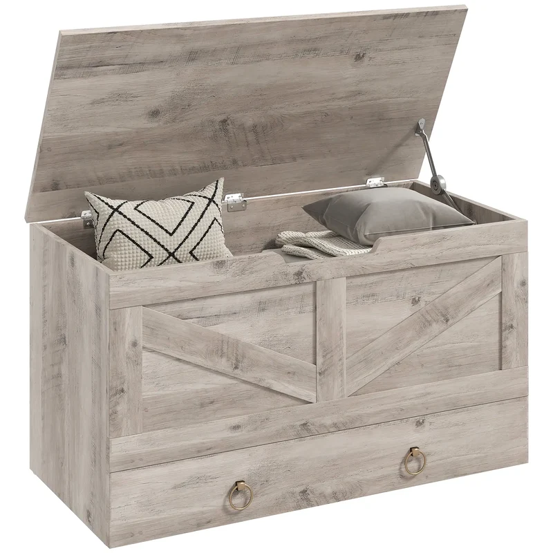 31.5 Inches Storage Chest, Wooden Box, Grey Wood Grain, Grey