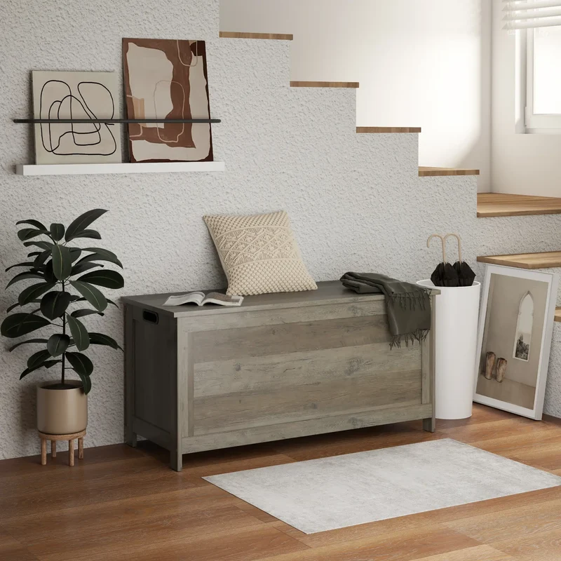 Storage Trunk, Entryway Bench with Side Handles, Distressed, Grey