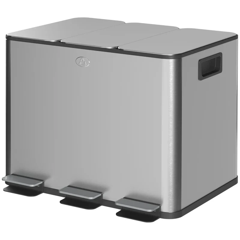 Triple Garbage Bin, Soft Close Trash Can, 3 x 20 Liter, Silver