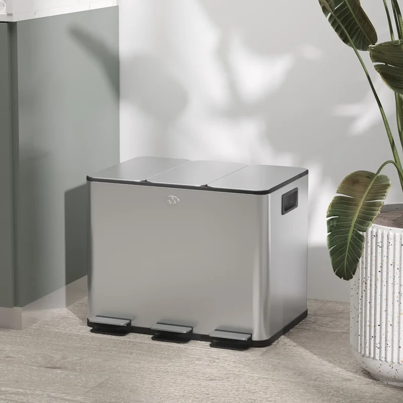 Triple Garbage Bin, Soft Close Trash Can, 3 x 20 Liter, Silver