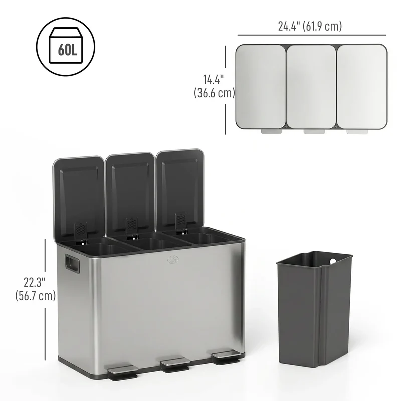 Triple Garbage Bin, Soft Close Trash Can, 3 x 20 Liter, Silver