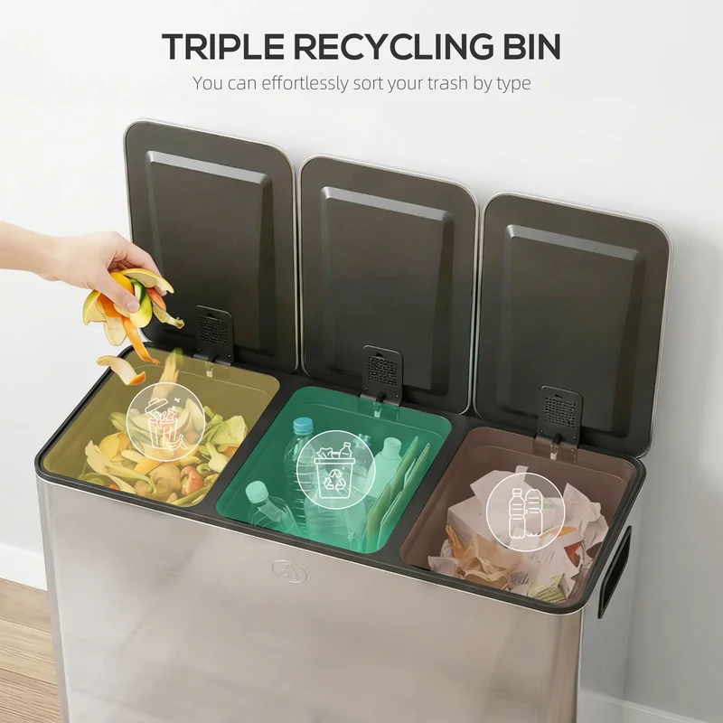 Triple Garbage Bin, Soft Close Trash Can, 3 x 20 Liter, Silver