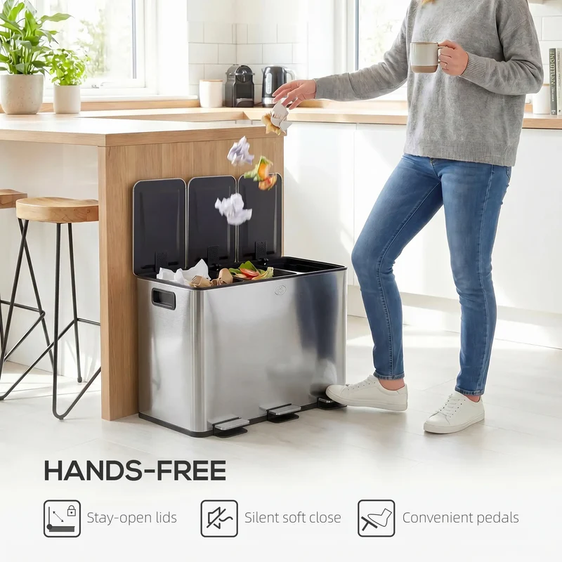 Triple Garbage Bin, Soft Close Trash Can, 3 x 20 Liter, Silver