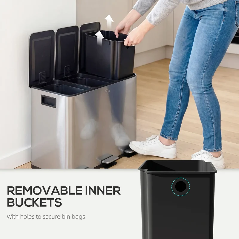 Triple Garbage Bin, Soft Close Trash Can, 3 x 20 Liter, Silver