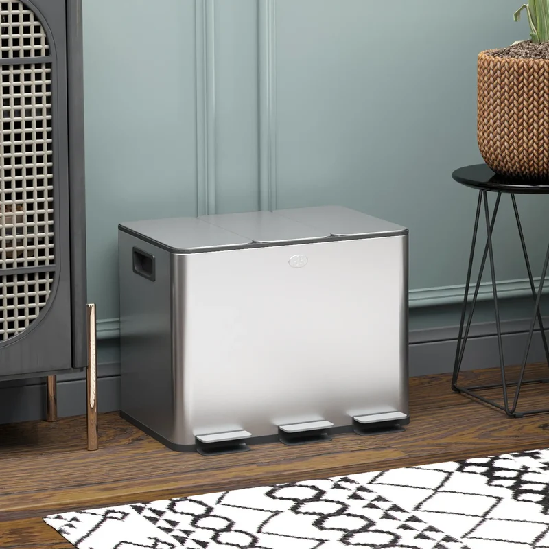 Triple Garbage Bin, Soft Close Trash Can, 3 x 20 Liter, Silver