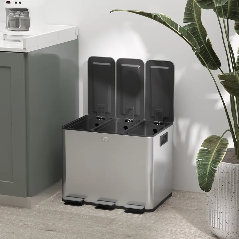 Triple Garbage Bin, Soft Close Trash Can, 3 x 20 Liter, Silver
