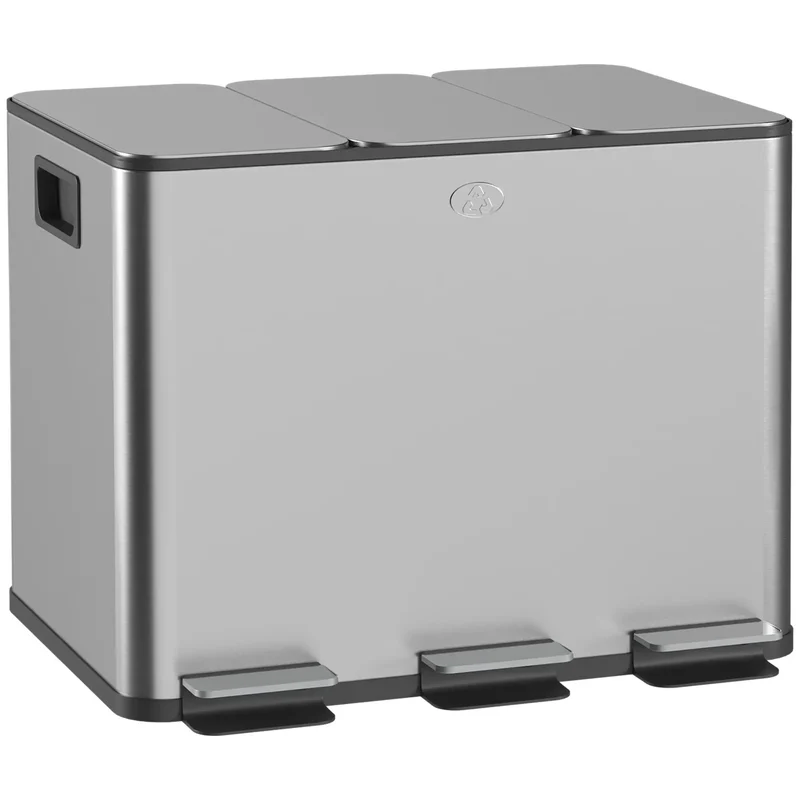 Triple Garbage Bin, Soft Close Trash Can, 3 x 20 Liter, Silver