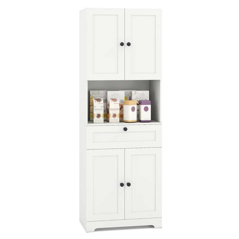 67.5 Inch Tall Freestanding Floor Cabinet, 4 Doors, 1 Drawer, White