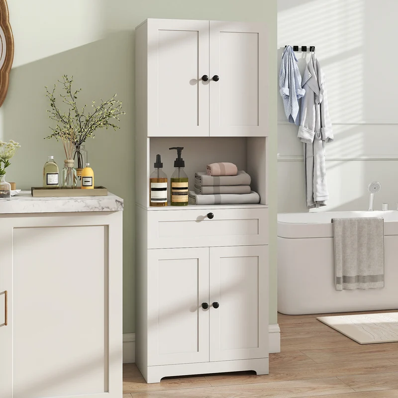 67.5 Inch Tall Freestanding Floor Cabinet, 4 Doors, 1 Drawer, White
