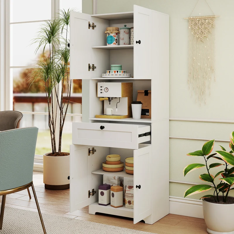 67.5 Inch Tall Freestanding Floor Cabinet, 4 Doors, 1 Drawer, White