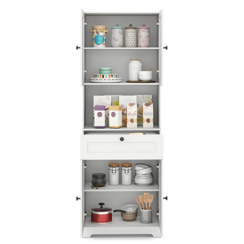 67.5 Inch Tall Freestanding Floor Cabinet, 4 Doors, 1 Drawer, White