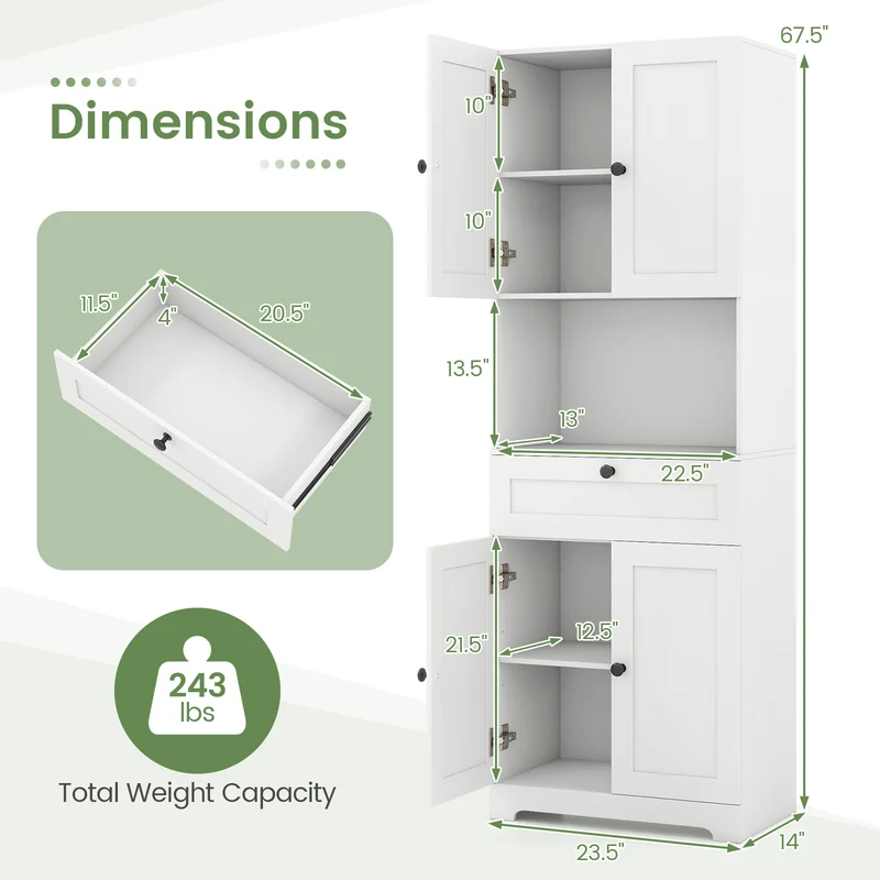 67.5 Inch Tall Freestanding Floor Cabinet, 4 Doors, 1 Drawer, White