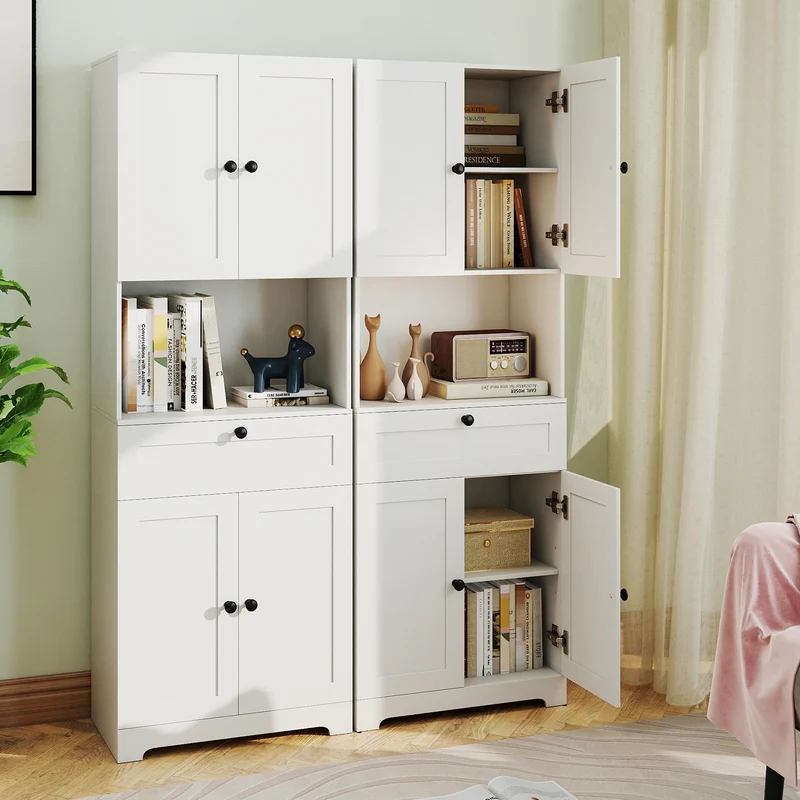 67.5 Inch Tall Freestanding Floor Cabinet, 4 Doors, 1 Drawer, White