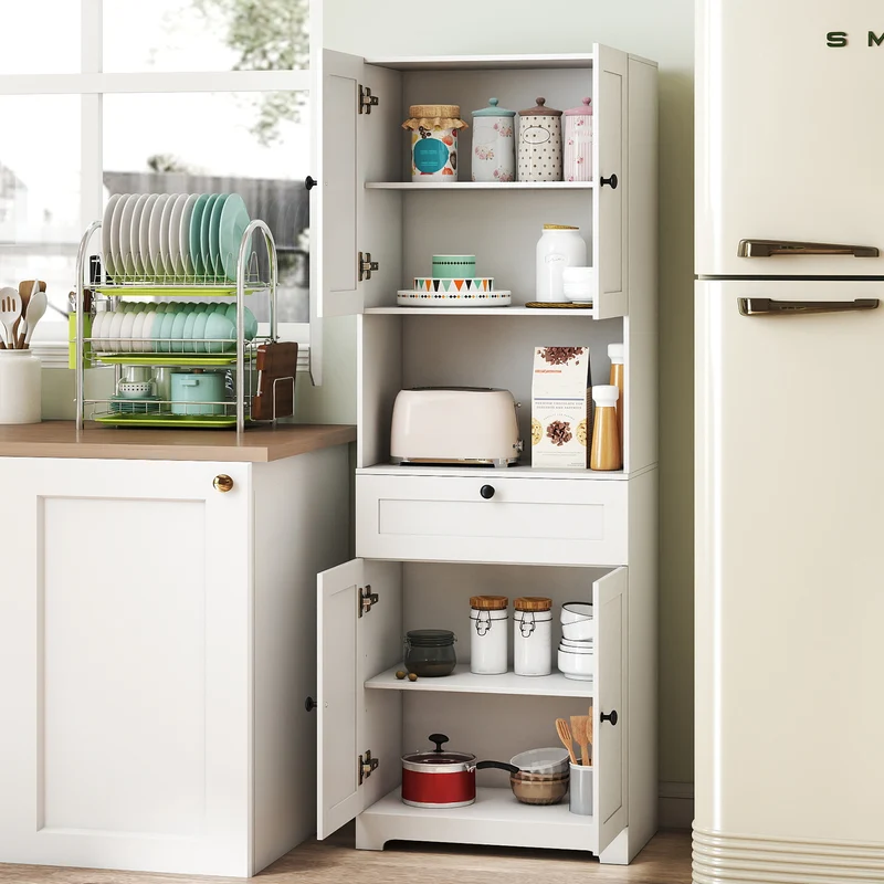 67.5 Inch Tall Freestanding Floor Cabinet, 4 Doors, 1 Drawer, White