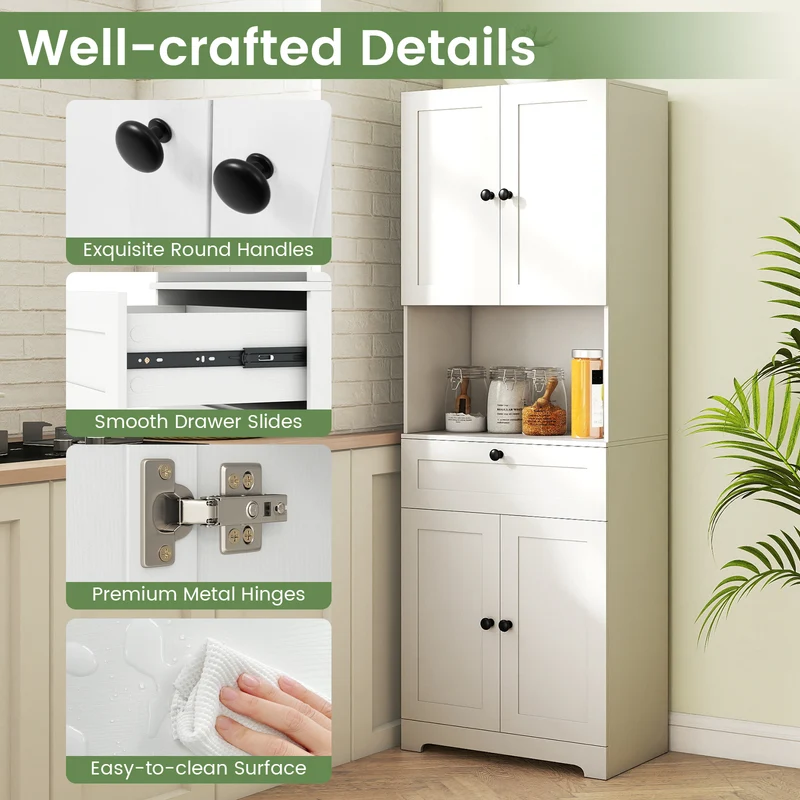 67.5 Inch Tall Freestanding Floor Cabinet, 4 Doors, 1 Drawer, White
