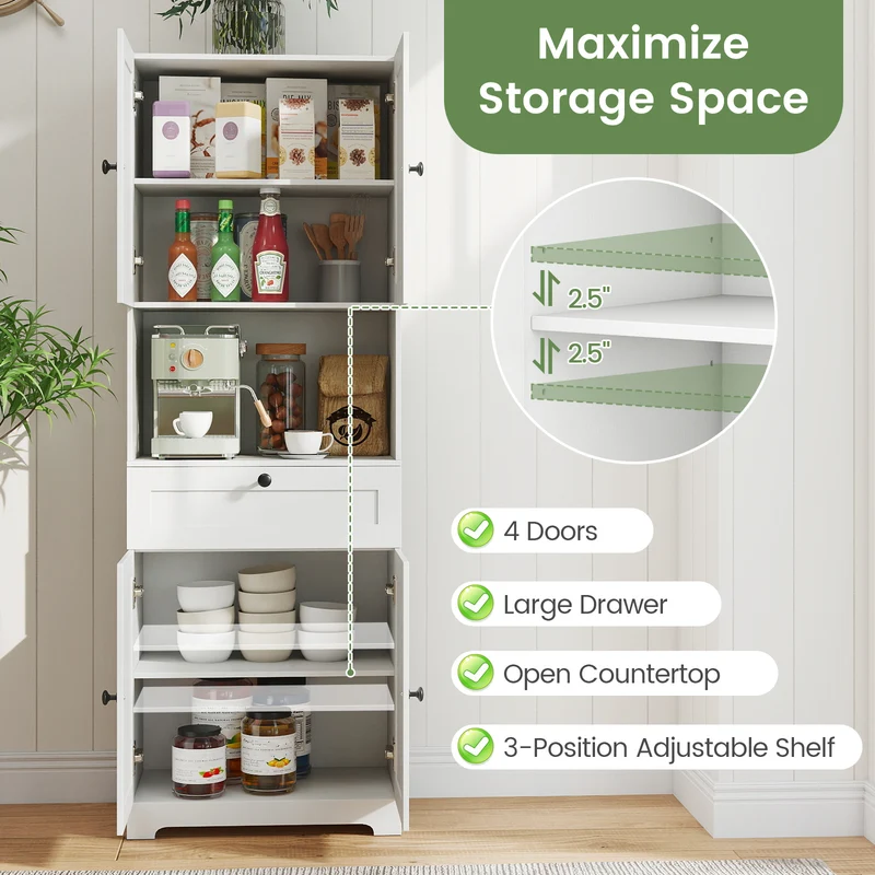 67.5 Inch Tall Freestanding Floor Cabinet, 4 Doors, 1 Drawer, White