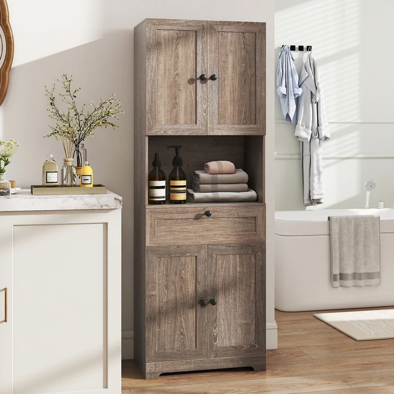 67.5 Inch Tall Freestanding Floor Cabinet, 4 Doors, 1 Drawer, Oak