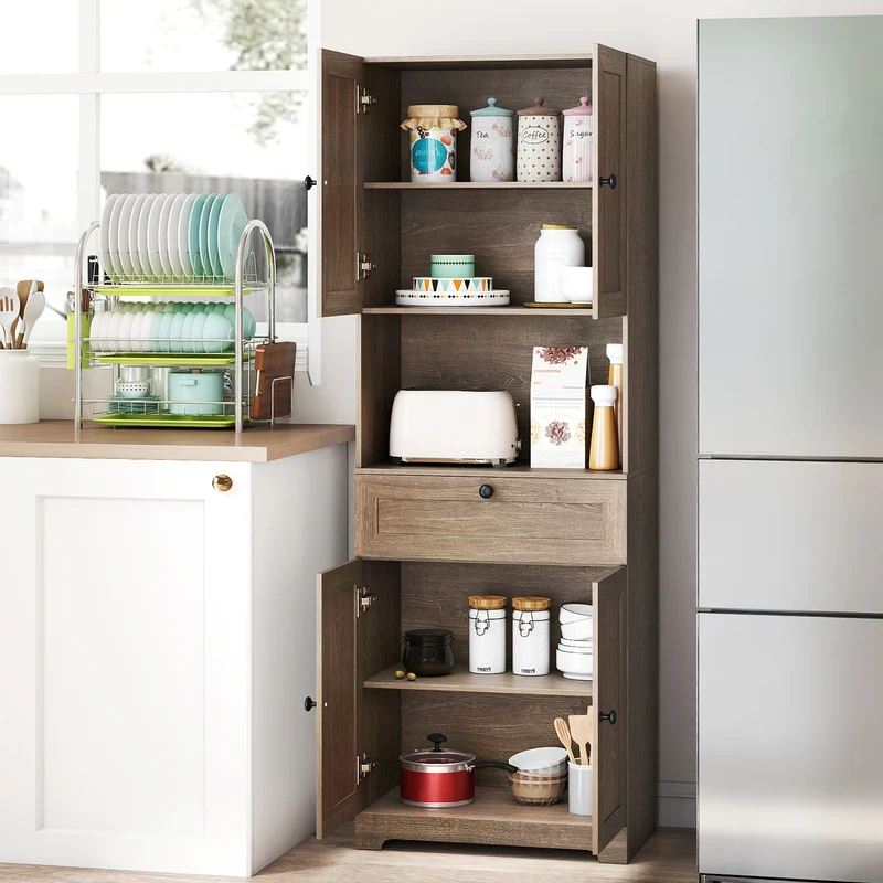 67.5 Inch Tall Freestanding Floor Cabinet, 4 Doors, 1 Drawer, Oak