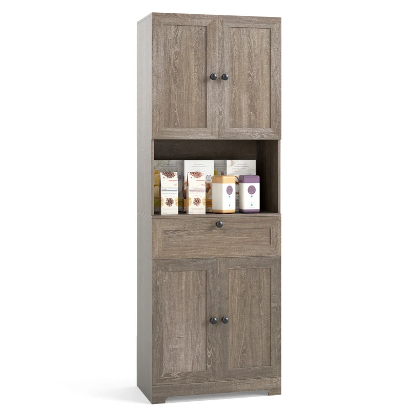 67.5 Inch Tall Freestanding Floor Cabinet, 4 Doors, 1 Drawer, Oak