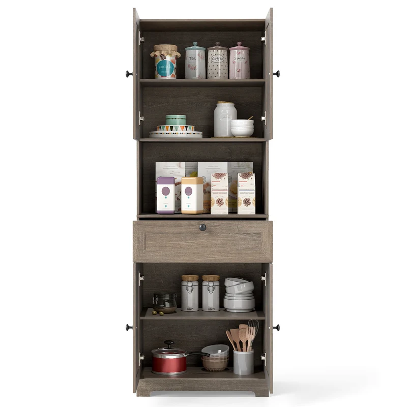 67.5 Inch Tall Freestanding Floor Cabinet, 4 Doors, 1 Drawer, Oak