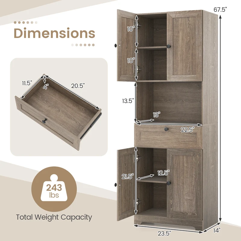 67.5 Inch Tall Freestanding Floor Cabinet, 4 Doors, 1 Drawer, Oak