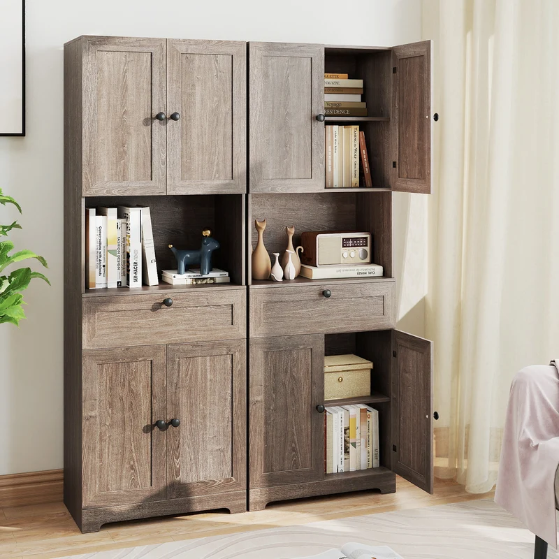 67.5 Inch Tall Freestanding Floor Cabinet, 4 Doors, 1 Drawer, Oak
