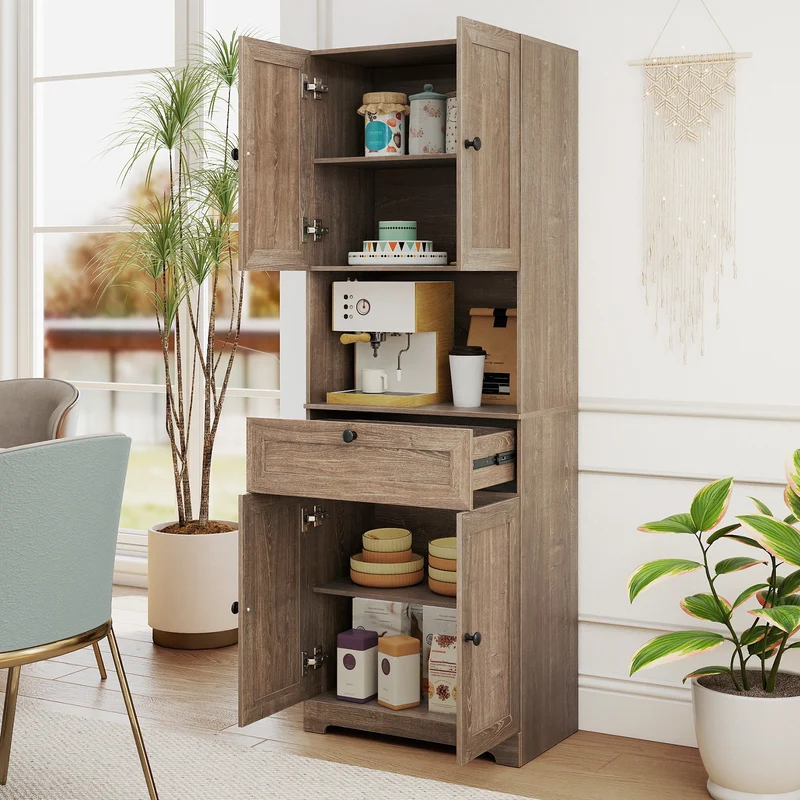 67.5 Inch Tall Freestanding Floor Cabinet, 4 Doors, 1 Drawer, Oak