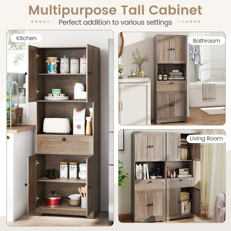 67.5 Inch Tall Freestanding Floor Cabinet, 4 Doors, 1 Drawer, Oak