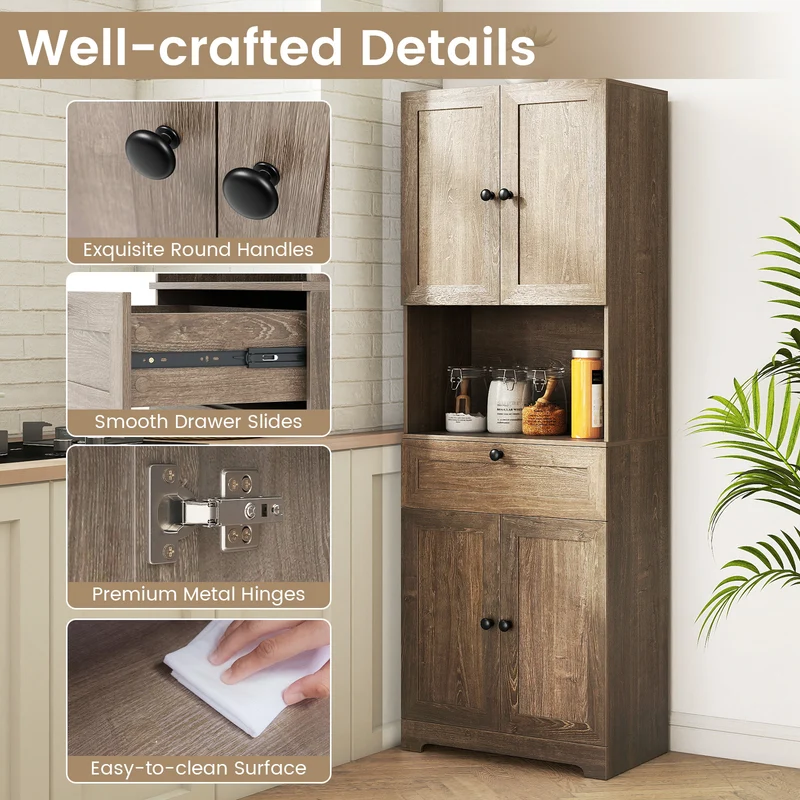 67.5 Inch Tall Freestanding Floor Cabinet, 4 Doors, 1 Drawer, Oak