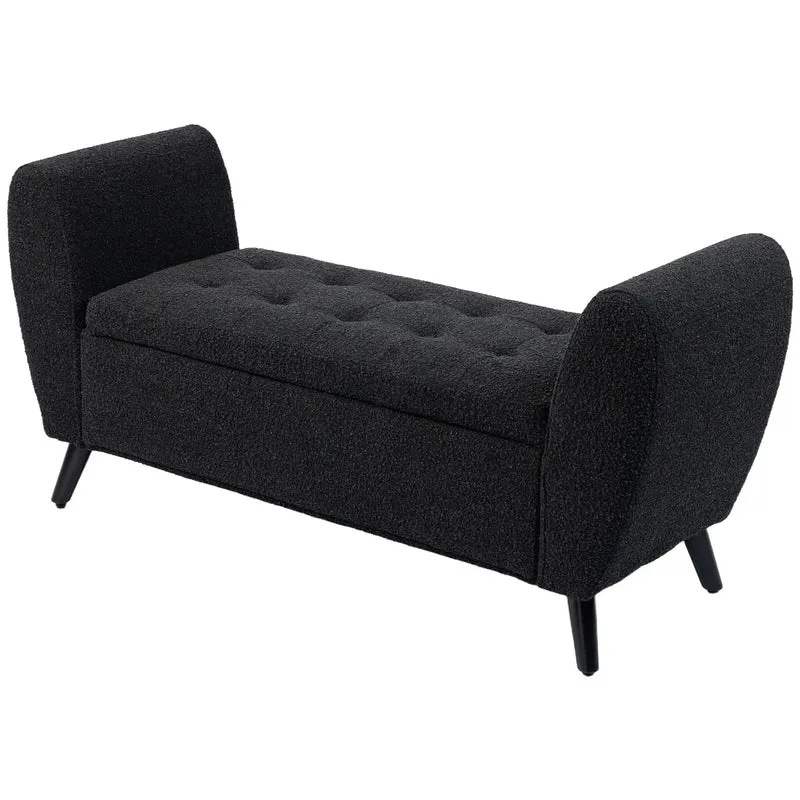 Upholstered Storage Bench with Arms, Modern Ottoman, Black