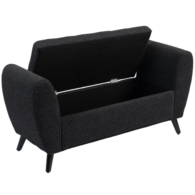 Upholstered Storage Bench with Arms, Modern Ottoman, Black