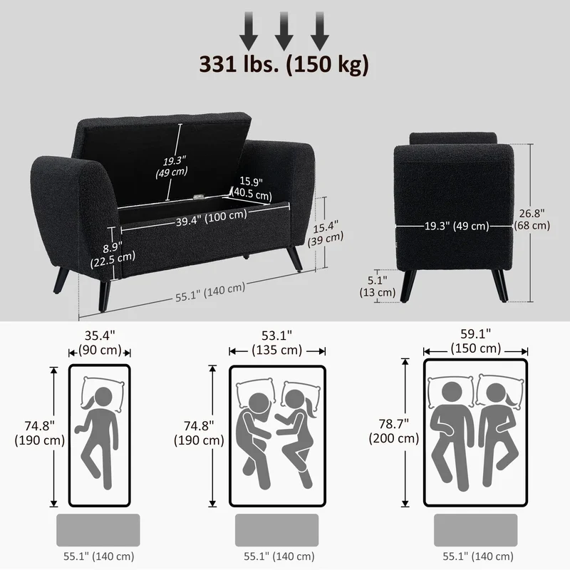 Upholstered Storage Bench with Arms, Modern Ottoman, Black